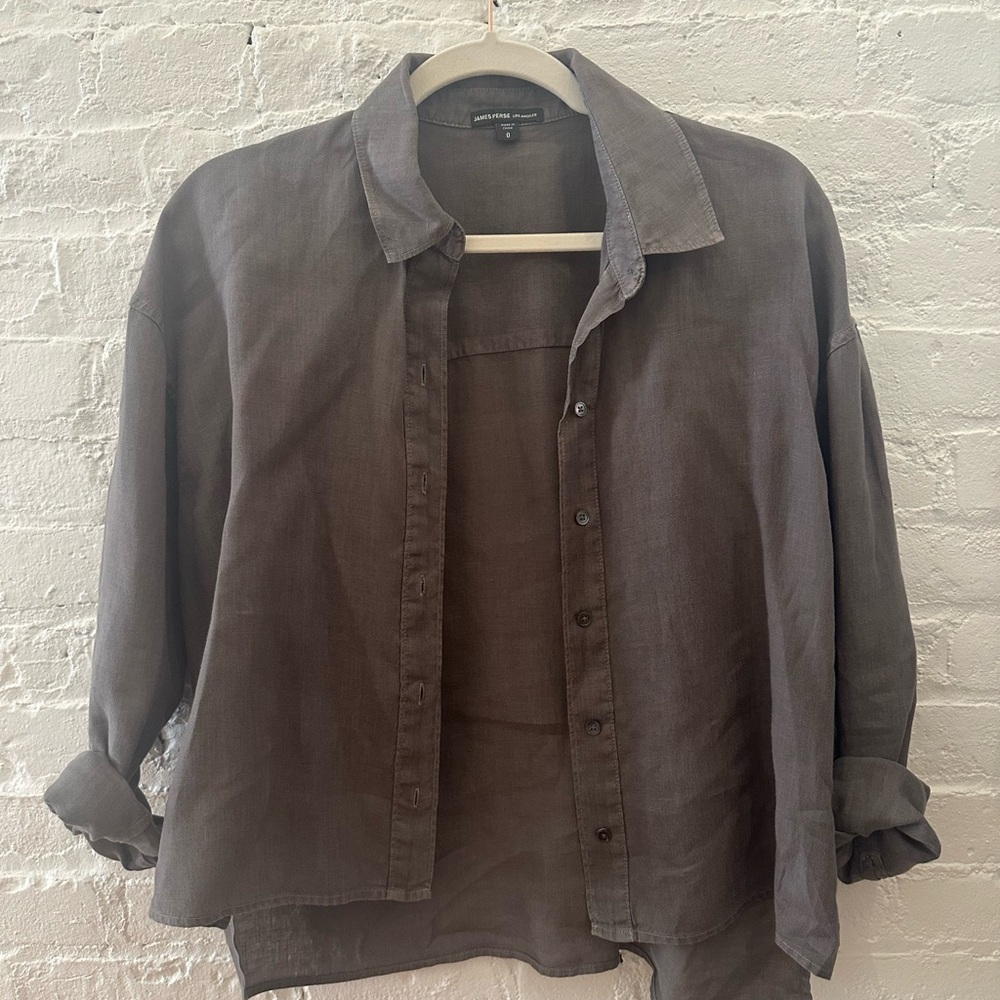 James Perse Dark Olive/Gray Casual Linen Button Down Shirt